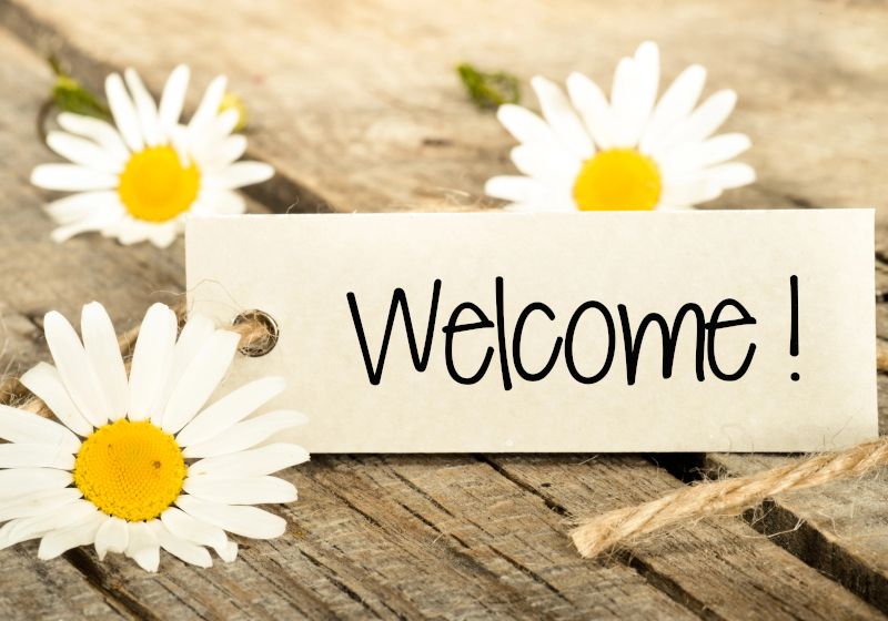 Imagen de unas flores de margarita con un cartel que pone Welcome.
